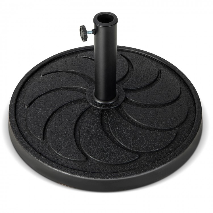 Round 40LBS outdoor umbrella base with a flower pattern, made of durable resin and equipped with a rustproof metal pole.