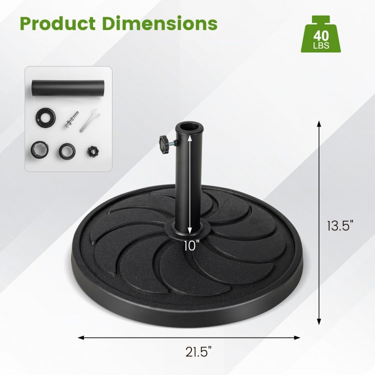 Round 40LBS outdoor umbrella base with a 21.5-inch diameter, featuring a rustproof pole and elegant flower-shaped.