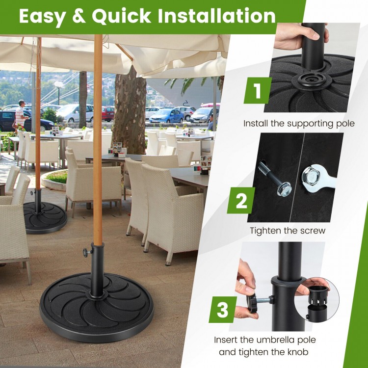 Round 40LBS outdoor umbrella base with a rustproof metal pole, featuring easy installation and elegant flower patterns.