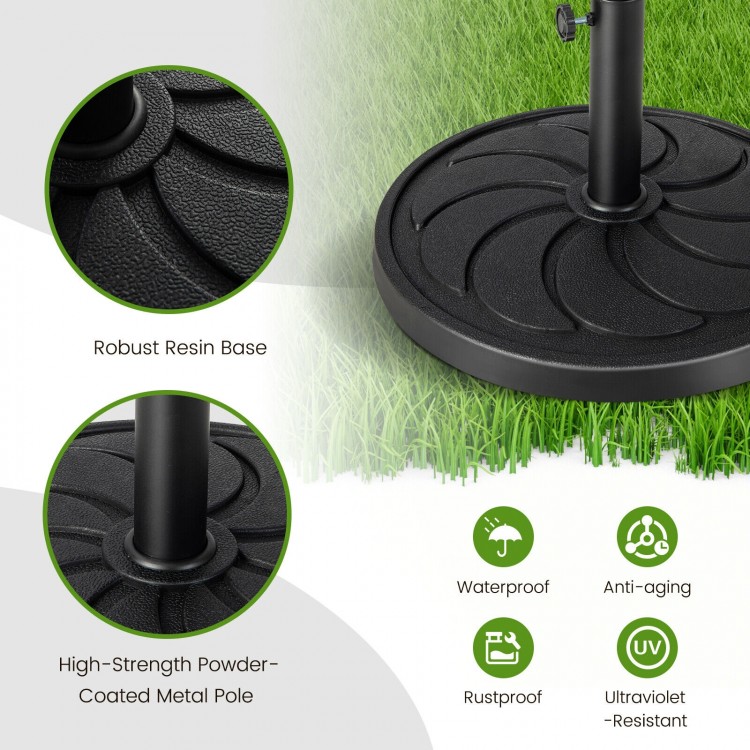 Round 40LBS outdoor umbrella base with robust resin, powder-coated metal pole, and elegant flower pattern for patio use.