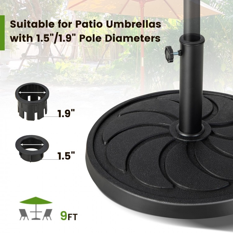 Round 40LBS outdoor umbrella base with 1.5"/1.9" adapters, made of durable resin, ideal for patios and gardens.