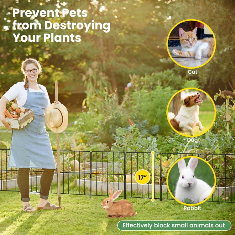 Decorative garden fence set with strong metal frame, 17-inch height, prevents pets from damaging plants outdoors.