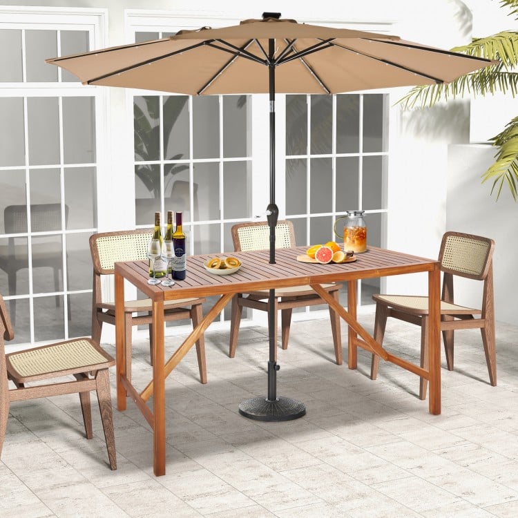67-inch acacia wood dining table with umbrella hole, set for six, ideal for outdoor gatherings and easy maintenance.