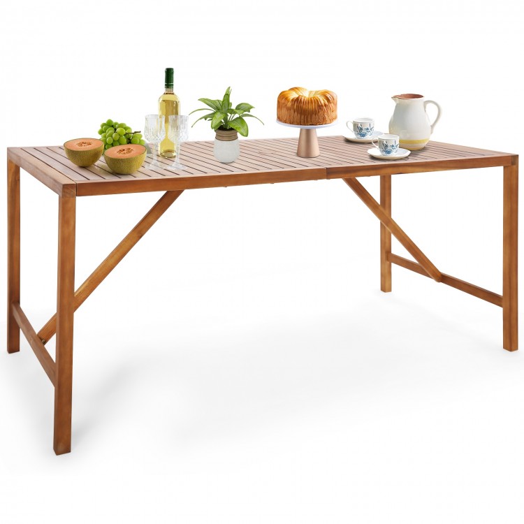 67-inch acacia wood dining table with umbrella hole, set for outdoor dining, featuring a spacious and elegant design.