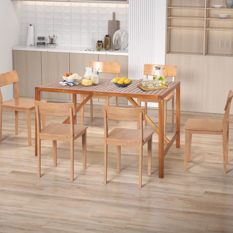 Acacia wood dining table with umbrella hole, 67" x 31.5", designed for six people, perfect for patio gatherings.