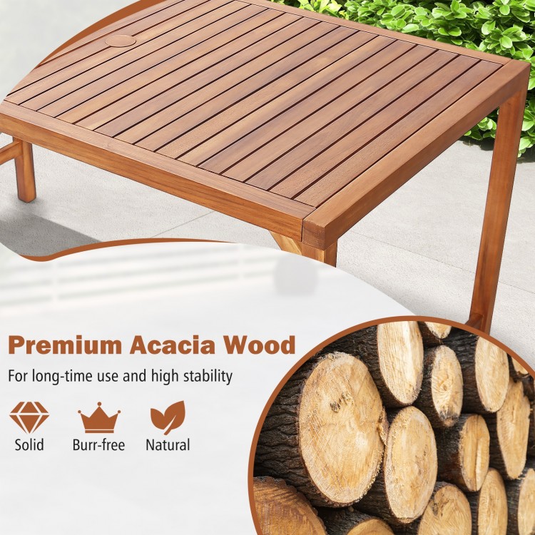 67-inch acacia wood dining table with umbrella hole, featuring a smooth surface and sturdy design for outdoor.