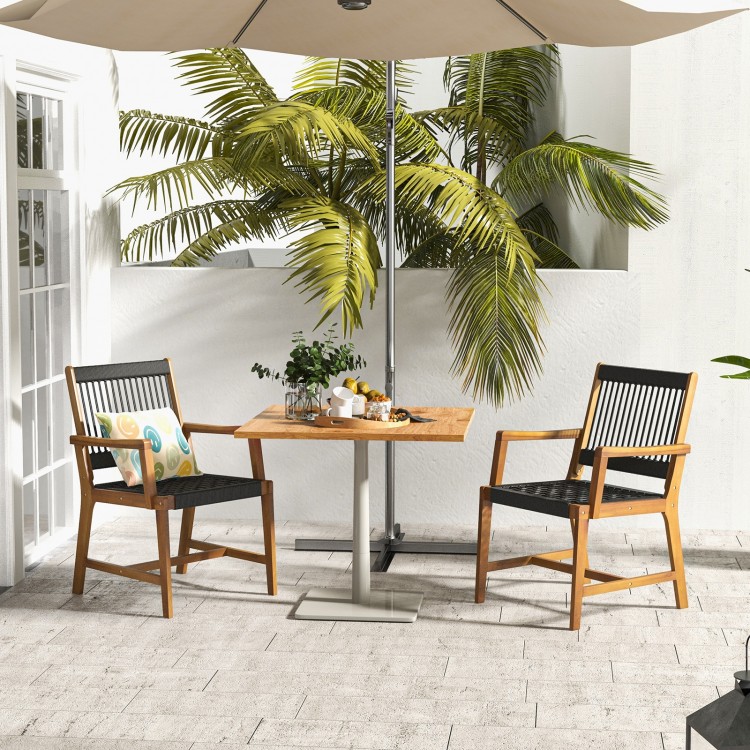 Set of 2 acacia wood dining chairs with armrests, featuring hand-woven ropes, perfect for outdoor lawn seating.