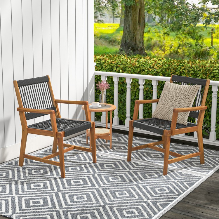 Set of 2 acacia wood dining chairs with armrests, featuring hand-woven ropes, ideal for outdoor patio or garden use.
