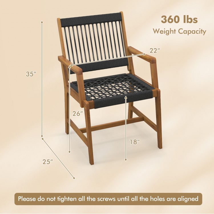Acacia wood dining chair with armrests, hand-woven ropes, 360 lbs capacity, ideal for patio or garden seating.