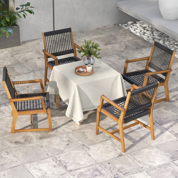 Set of 2 acacia wood dining chairs with armrests, featuring hand-woven ropes, ideal for outdoor dining in the yard.