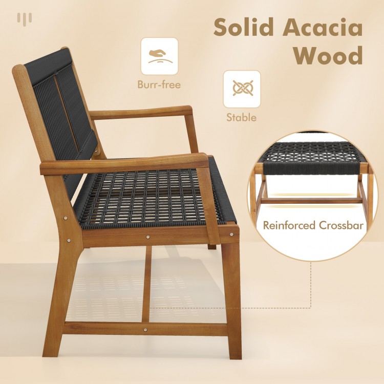 Side view of a patio dining chair made of solid acacia wood with armrests, featuring hand-woven plastic ropes for.