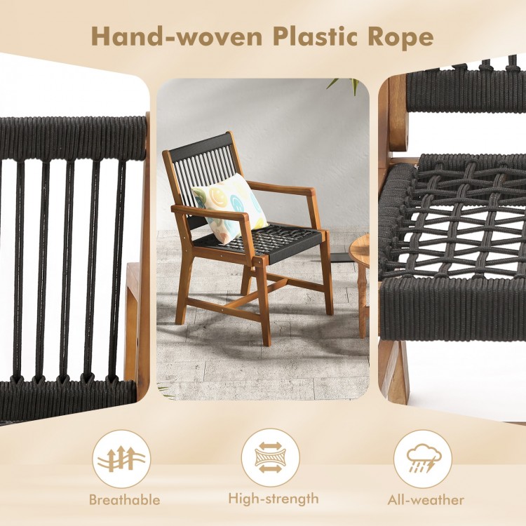 Hand-woven plastic rope dining chair with acacia wood frame, designed for comfort and breathability, perfect for.
