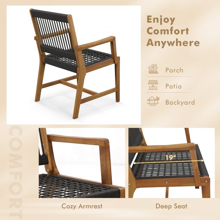 Acacia wood dining chair with armrests, featuring a 19-inch deep seat and hand-woven ropes, perfect for patio or.