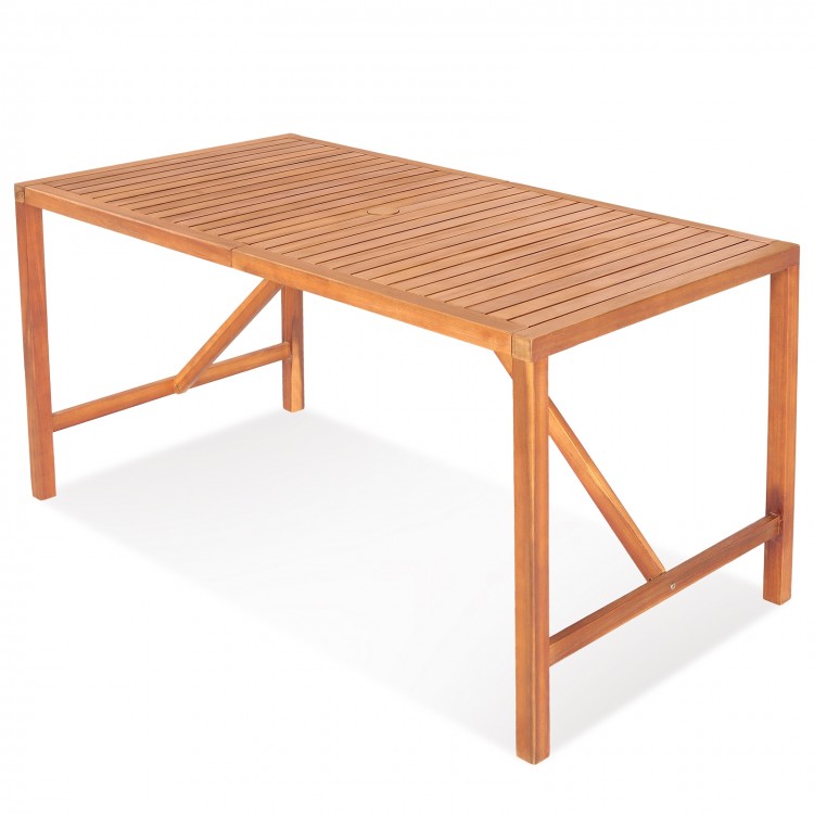 Rectangular 55-inch acacia wood dining table with slatted top and umbrella hole, ideal for indoor and outdoor use.