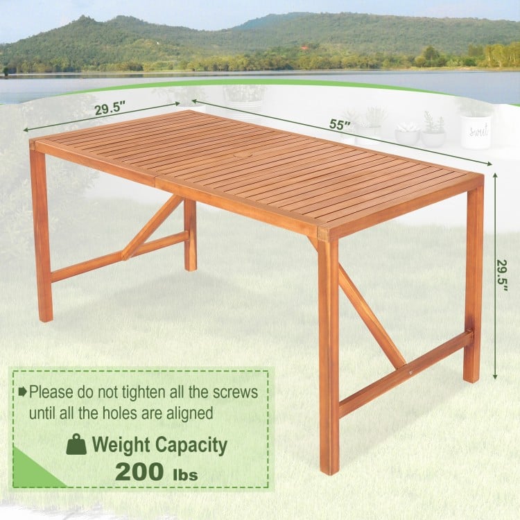 Rectangular 55-inch acacia wood dining table with umbrella hole, sturdy design for 4-6 people, ideal for outdoor use.
