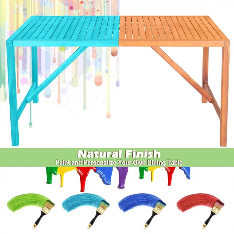 55-inch rectangular acacia wood dining table with slatted top, featuring an umbrella hole, ideal for indoor and outdoor.