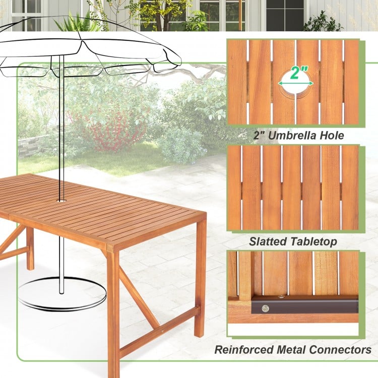 55-inch rectangular acacia wood dining table with 2" umbrella hole, slatted tabletop, and reinforced metal connectors.