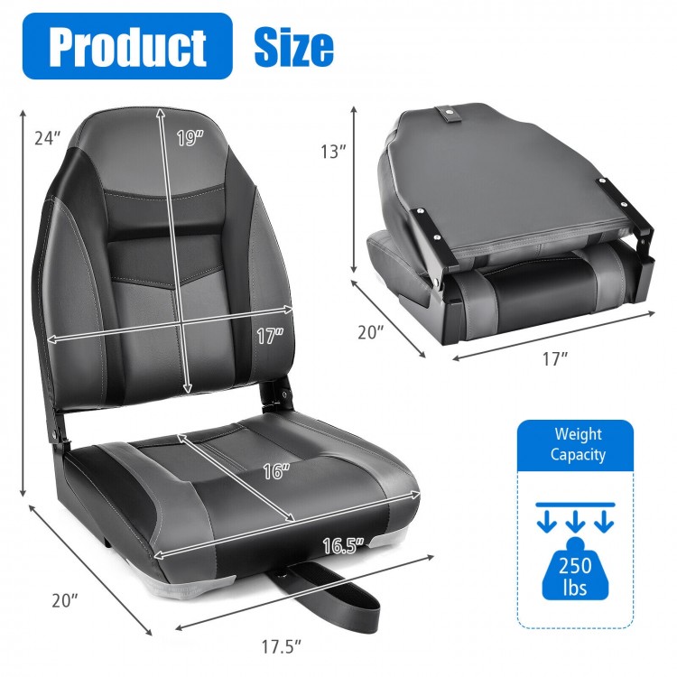 High back folding boat seat with sponge cushion, aluminum hinges, and waterproof PVC, supports up to 250 lbs.