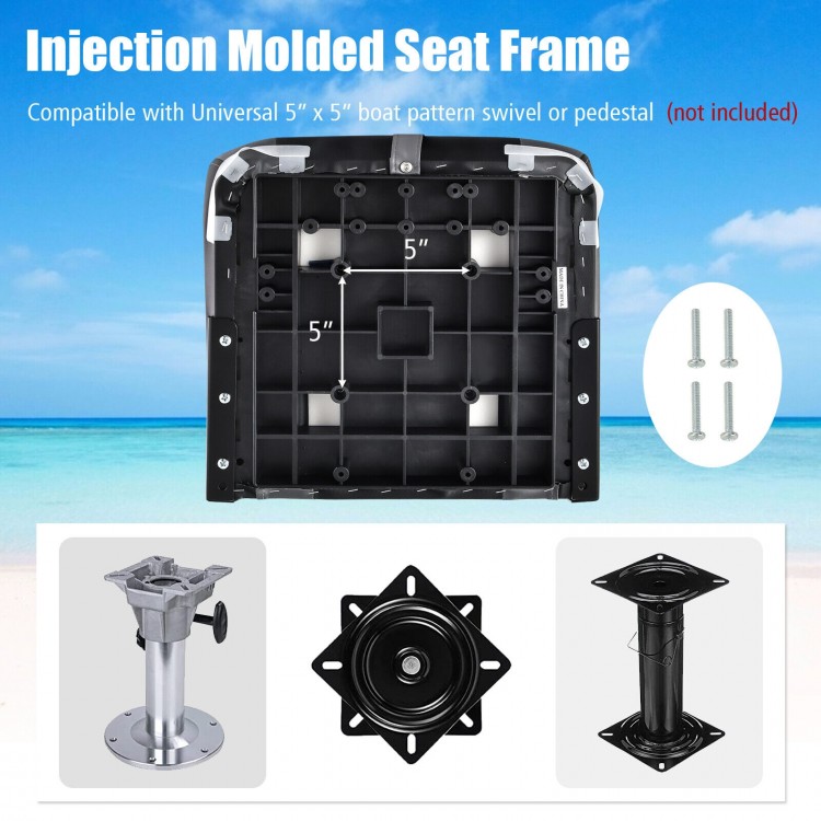 High back folding boat seat frame with aluminum hinges, designed for 4-bolt swivel or pedestal, supports 250 lbs.