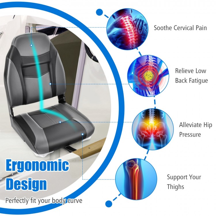 High back folding boat seat with sponge cushion, ergonomic design, and aluminum hinges for outdoor comfort and support.
