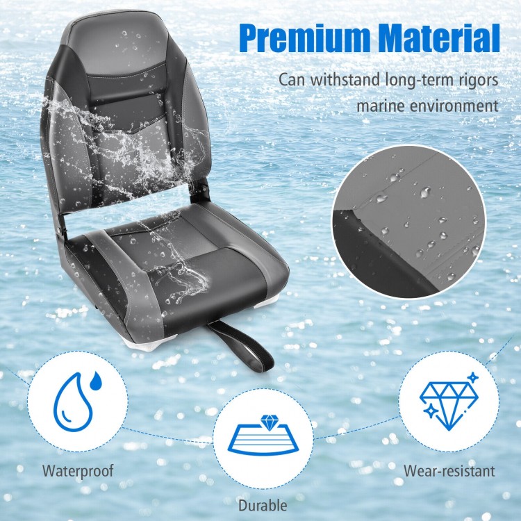 High back folding boat seat with waterproof PVC, ergonomic support, and durable aluminum hinges for outdoor use.