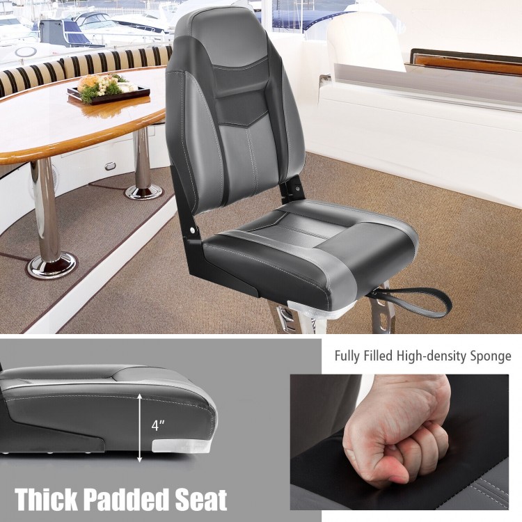 High back folding boat seat with thick padded sponge cushion, ergonomic design, and durable waterproof PVC for outdoor.
