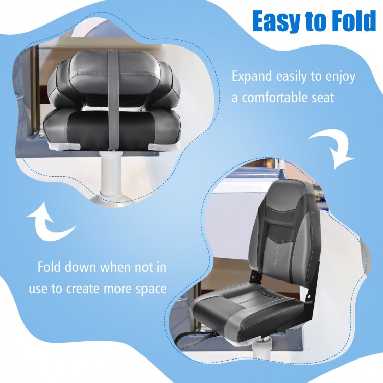 High back folding boat seat with sponge cushion, ergonomic support, and aluminum hinges for easy storage and comfort.