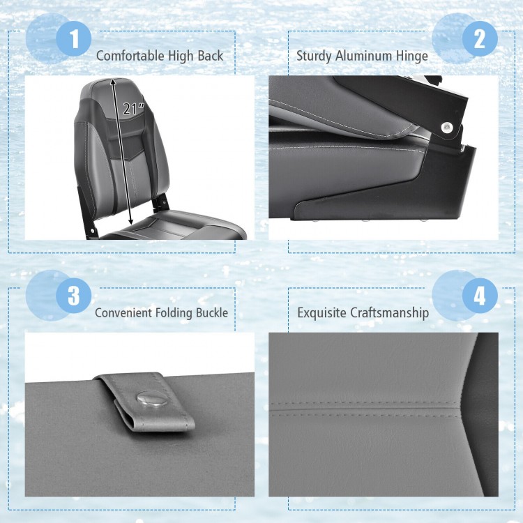 High back folding boat seat with sponge cushion, aluminum hinges, and durable waterproof PVC for outdoor use.