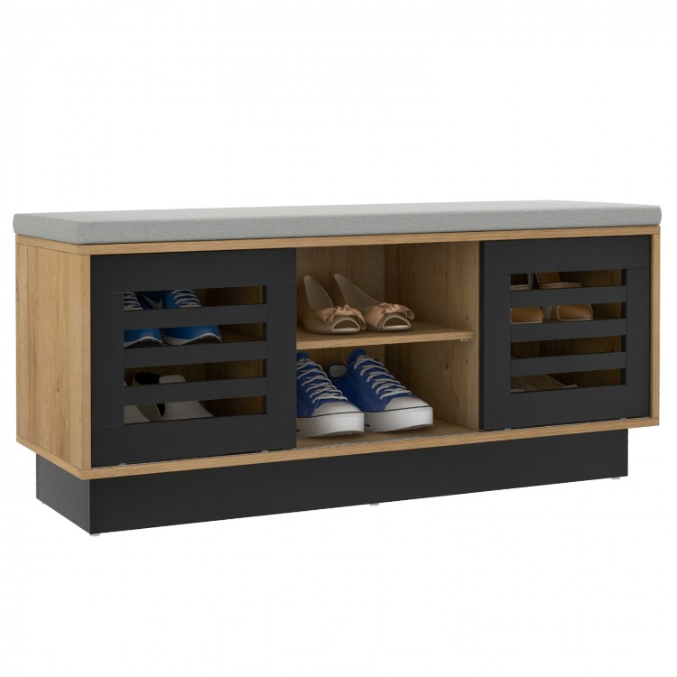 Shoe bench with 6 storage compartments, adjustable shelves, and a cushioned top for comfortable seating and shoe.