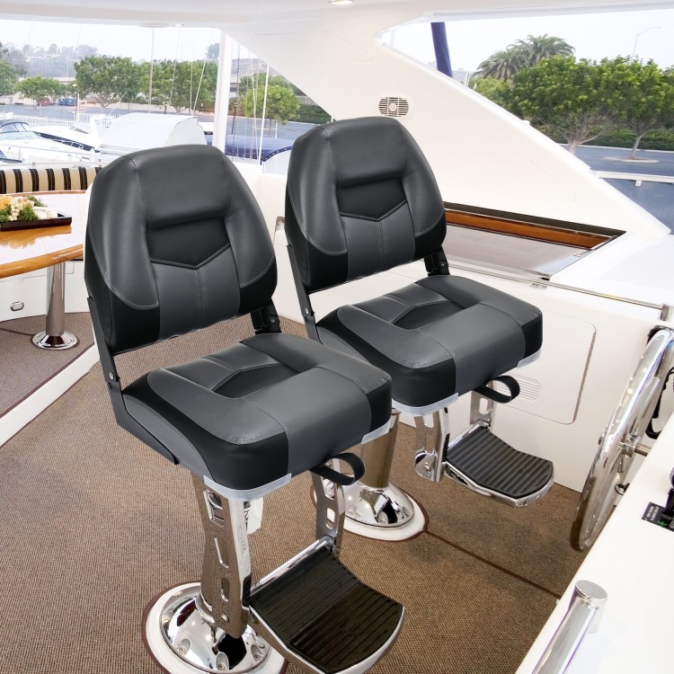 Set of 2 black folding low back fishing boat seats with ergonomic support, ideal for marine environments and easy.