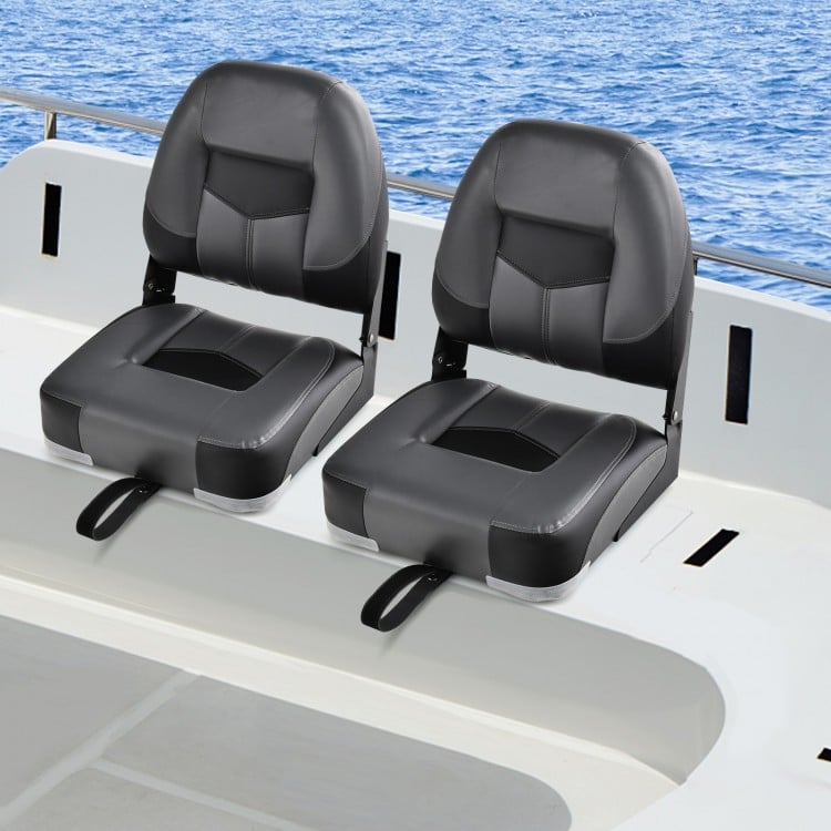 Set of 2 black folding low back fishing boat seats with ergonomic backrest, designed for comfort and durability.