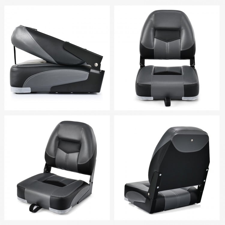 Folding low back fishing boat seat set in black with ergonomic design, padded seat, and durable PVC for outdoor use.