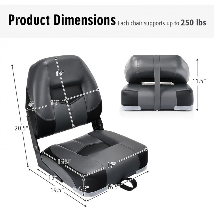 Dimensions of a low back fishing boat seat, featuring a black PVC exterior and ergonomic design, supports up to 250 lbs.