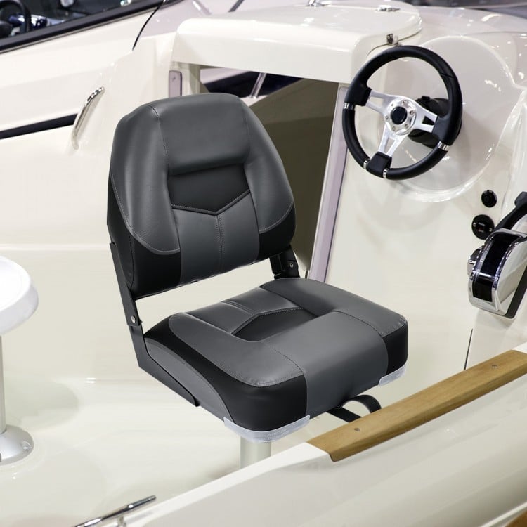 Folding low back fishing boat seat in black with ergonomic backrest, designed for comfort and durability in marine.
