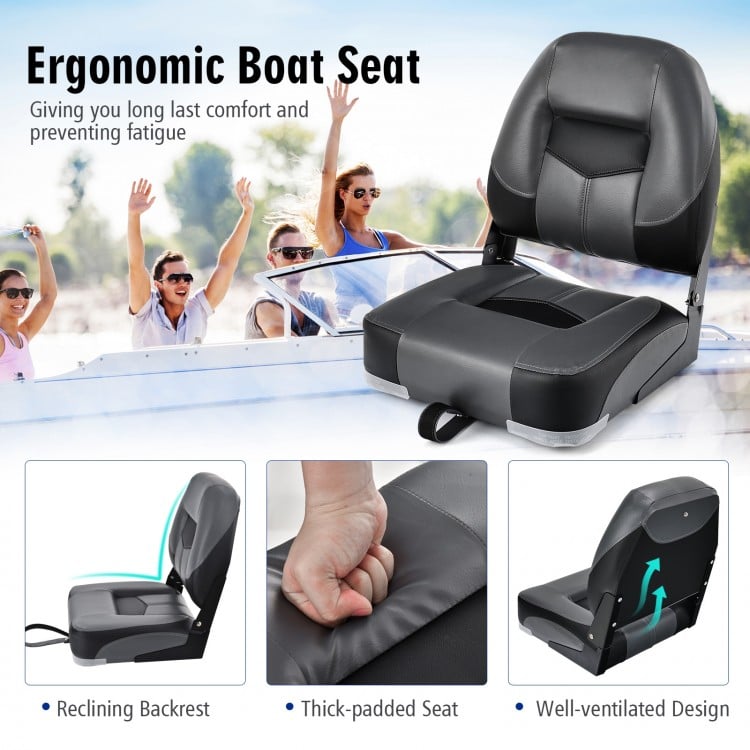 Folding low back fishing boat seat in black with ergonomic backrest and thick padding for comfort and support.