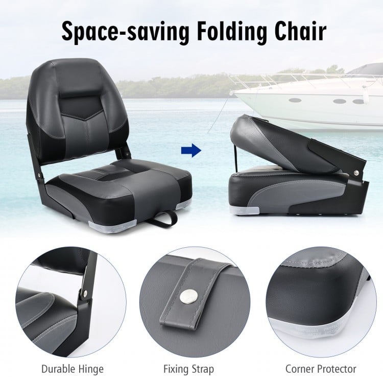 Folding low back fishing boat seat in black with ergonomic support, durable PVC, and space-saving design for outdoor.