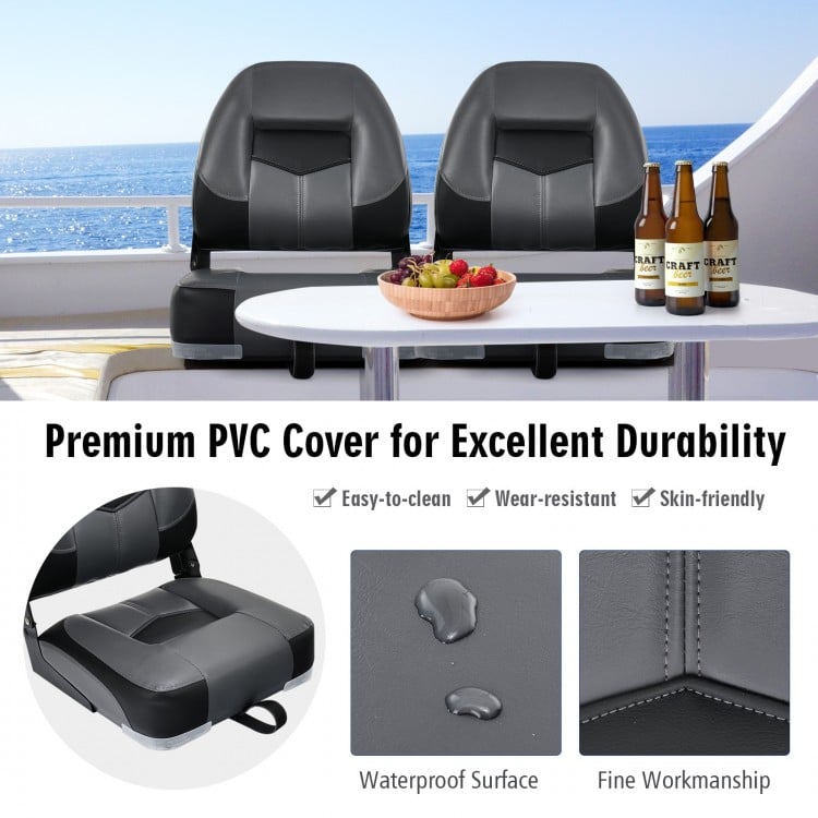 Set of 2 black folding low back fishing boat seats with durable PVC cover, ideal for outdoor use and easy storage.