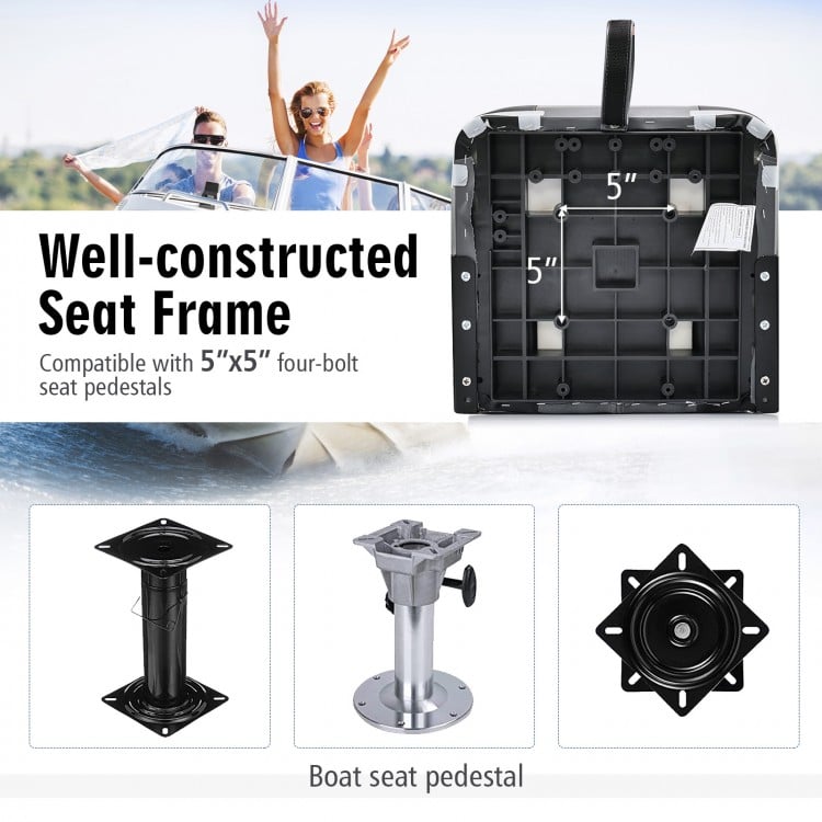 Folding low back fishing boat seat frame with durable PVC exterior, designed for ergonomic comfort and easy storage.
