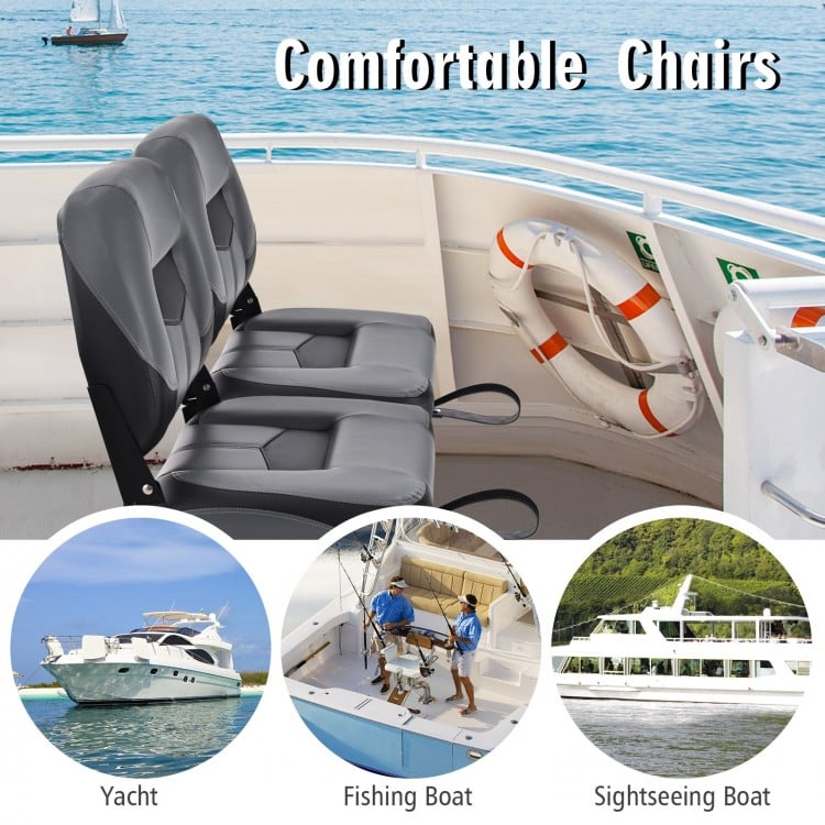 Set of 2 black folding low back fishing boat seats with ergonomic support, ideal for yachts and marine use.