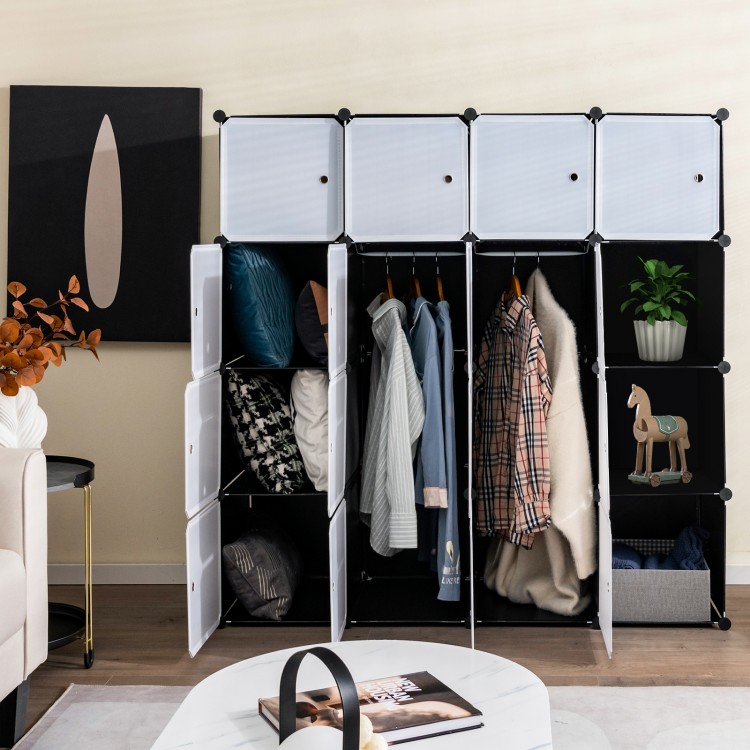 16-cube storage organizer in black with hanging rods, ideal for clothes and accessories in any room.