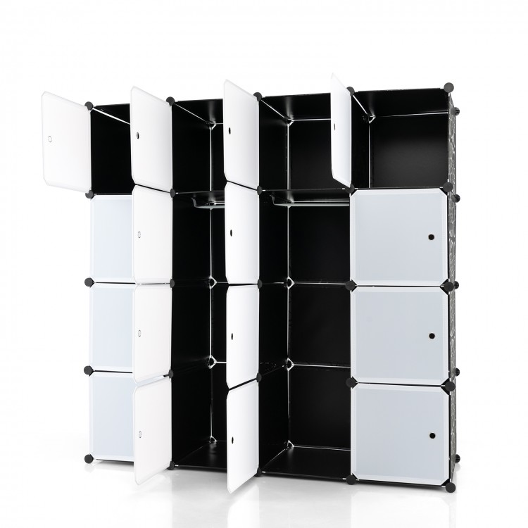 16-cube storage organizer in black with 16 doors and 2 hanging rods, ideal for clothes and accessories in any room.