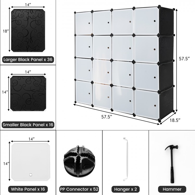 Modular 16-cube storage organizer in black featuring a stylish pattern, perfect for versatile storage in any room.