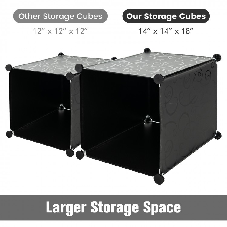 Black 16-cube storage organizer with 16 doors and 2 hanging rods, ideal for clothes and accessories in any room.