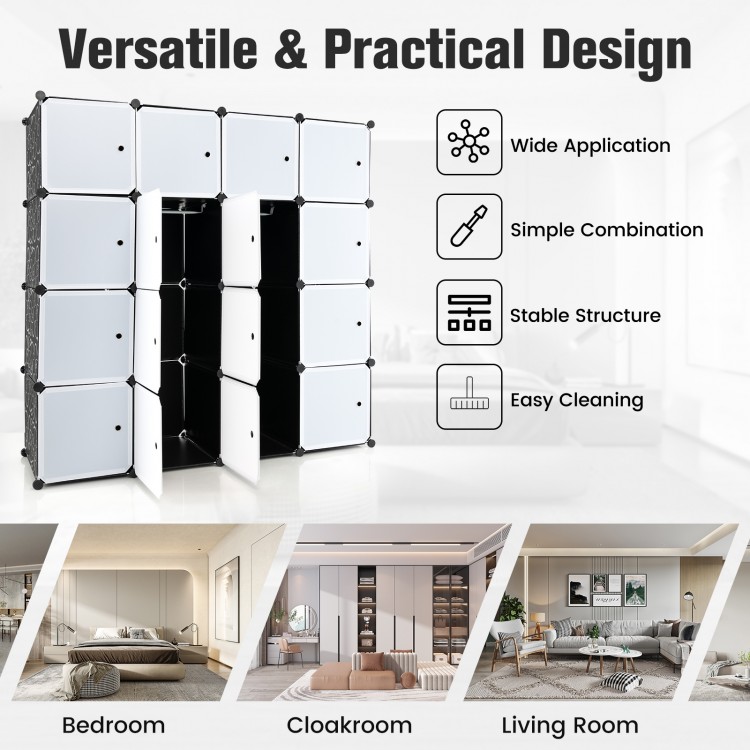 16-cube storage organizer in black with doors and hanging rods, ideal for clothes and accessories in any room.