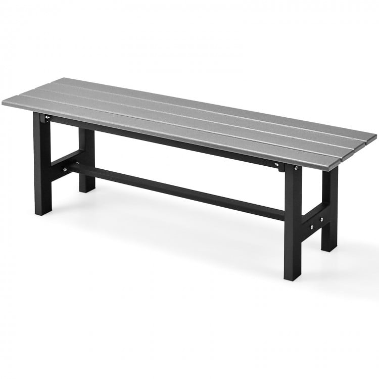 Gray 47-inch outdoor bench with slatted HDPE seat and sturdy iron frame, perfect for patio or garden seating.