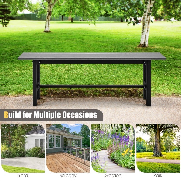 Gray 47-inch outdoor bench with slatted seat and sturdy plastic-coated iron frame, perfect for garden or patio use.