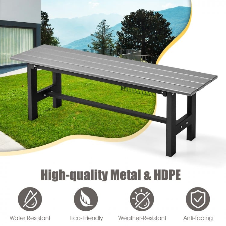 Gray outdoor bench featuring a slatted HDPE seat, showcasing a sturdy plastic-coated iron frame, perfect for garden.