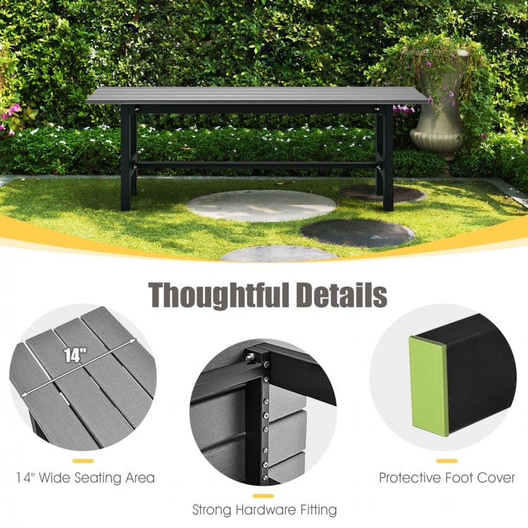 47-inch outdoor bench with slatted HDPE seat and protective foot cover, ideal for patio or garden seating.