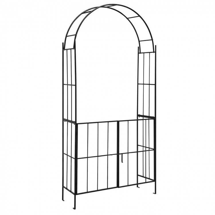 Black garden arch arbor trellis with gate, sturdy metal frame, ideal for plant support and outdoor decoration.