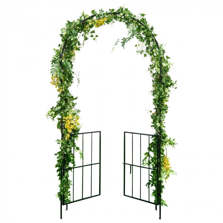Garden arch arbor trellis with gate in black, featuring climbing trellises and sturdy metal frame for outdoor use.